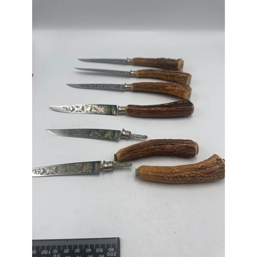 Anton Wingen Jr Solingen Germany Stag Horn Steak Knives Set of 6 Etched Hunting